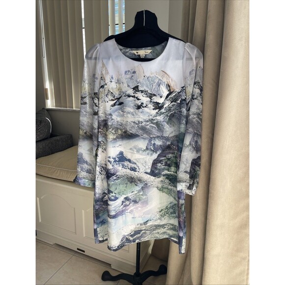YUMI Mountain Print DRESS Sheer Sleeve Small - Picture 1 of 8